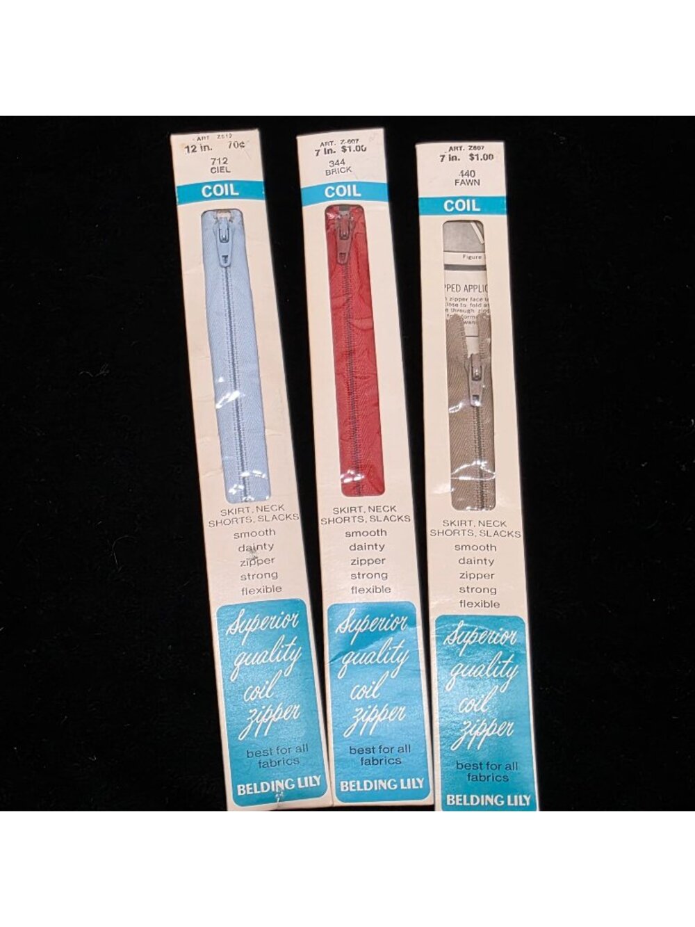 Belding Lily Superior Quality Coil Zippers 12" Ciel & 7" Brick Fawn Flexible